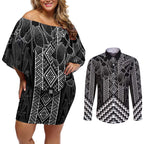 Aotearoa Taniko Pattern Couples Matching Off Shoulder Short Dress and Long Sleeve Button Shirt Poutama Mix Kowhai Flowers