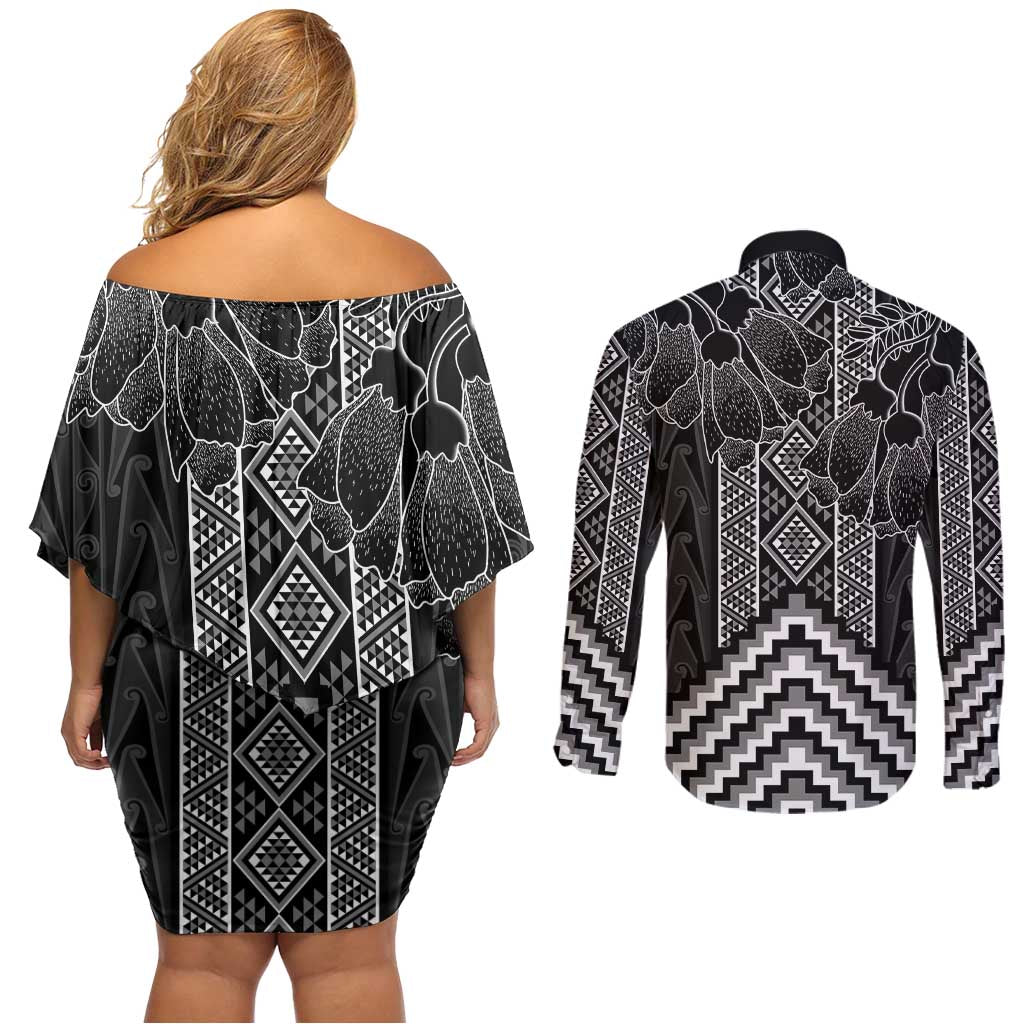 Aotearoa Taniko Pattern Couples Matching Off Shoulder Short Dress and Long Sleeve Button Shirt Poutama Mix Kowhai Flowers