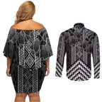 Aotearoa Taniko Pattern Couples Matching Off Shoulder Short Dress and Long Sleeve Button Shirt Poutama Mix Kowhai Flowers