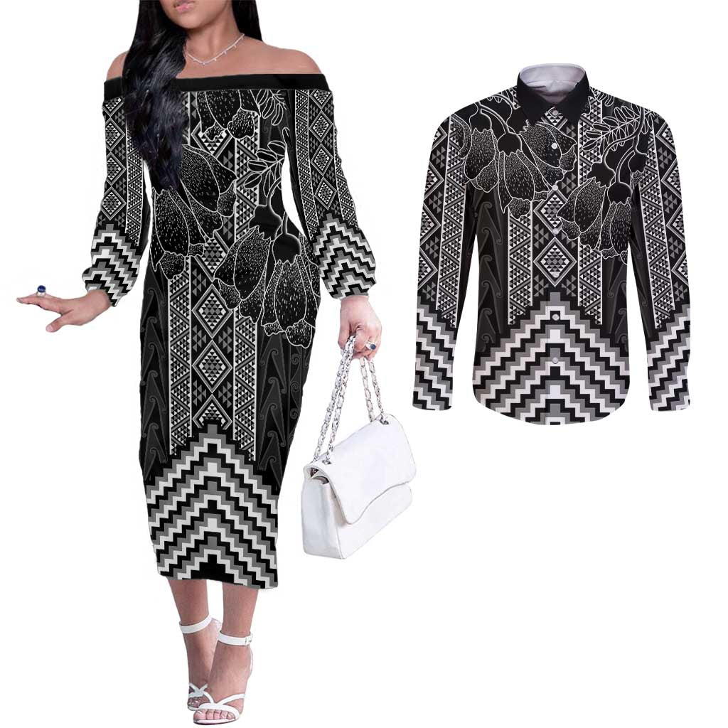 Aotearoa Taniko Pattern Couples Matching Off The Shoulder Long Sleeve Dress and Long Sleeve Button Shirt Poutama Mix Kowhai Flowers