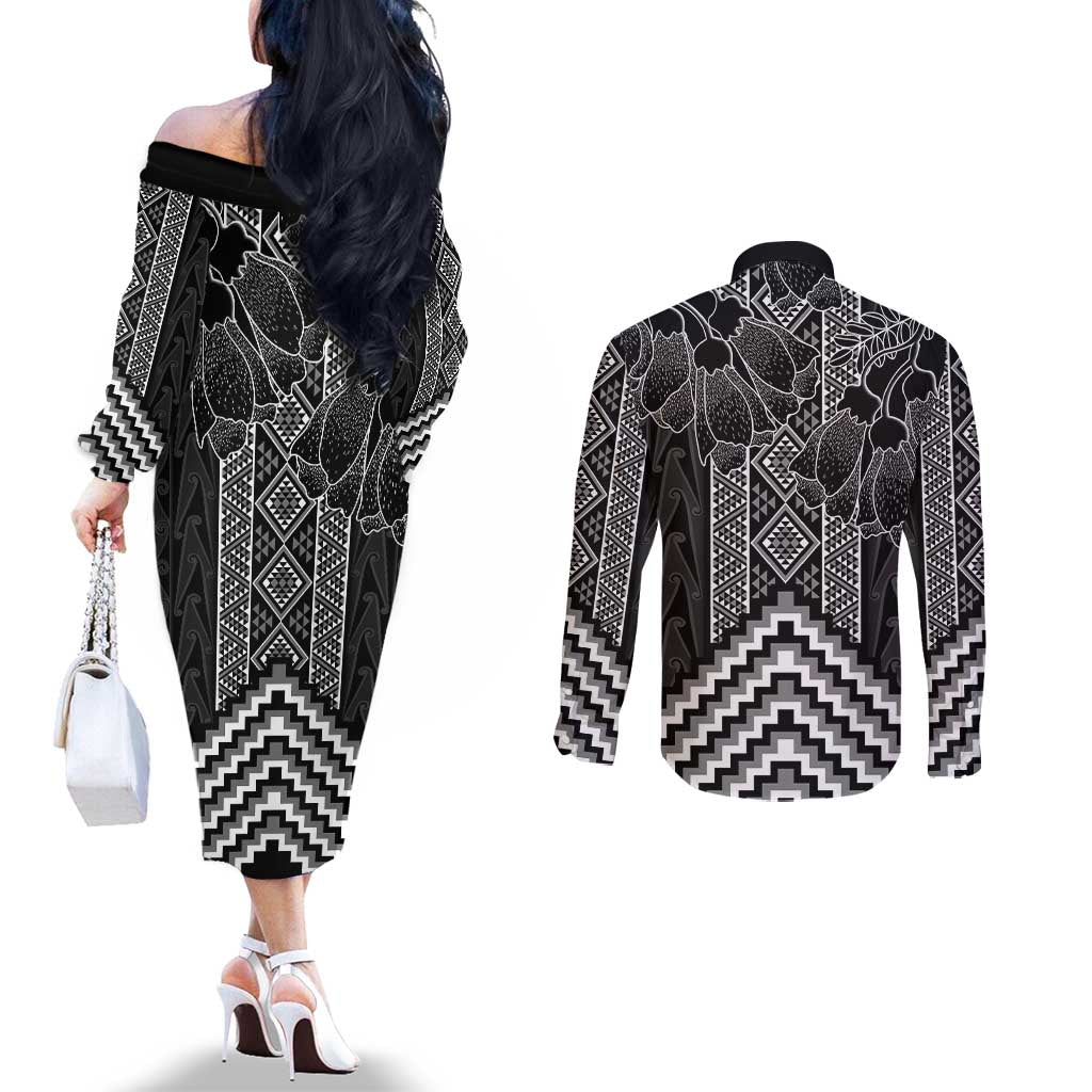 Aotearoa Taniko Pattern Couples Matching Off The Shoulder Long Sleeve Dress and Long Sleeve Button Shirt Poutama Mix Kowhai Flowers