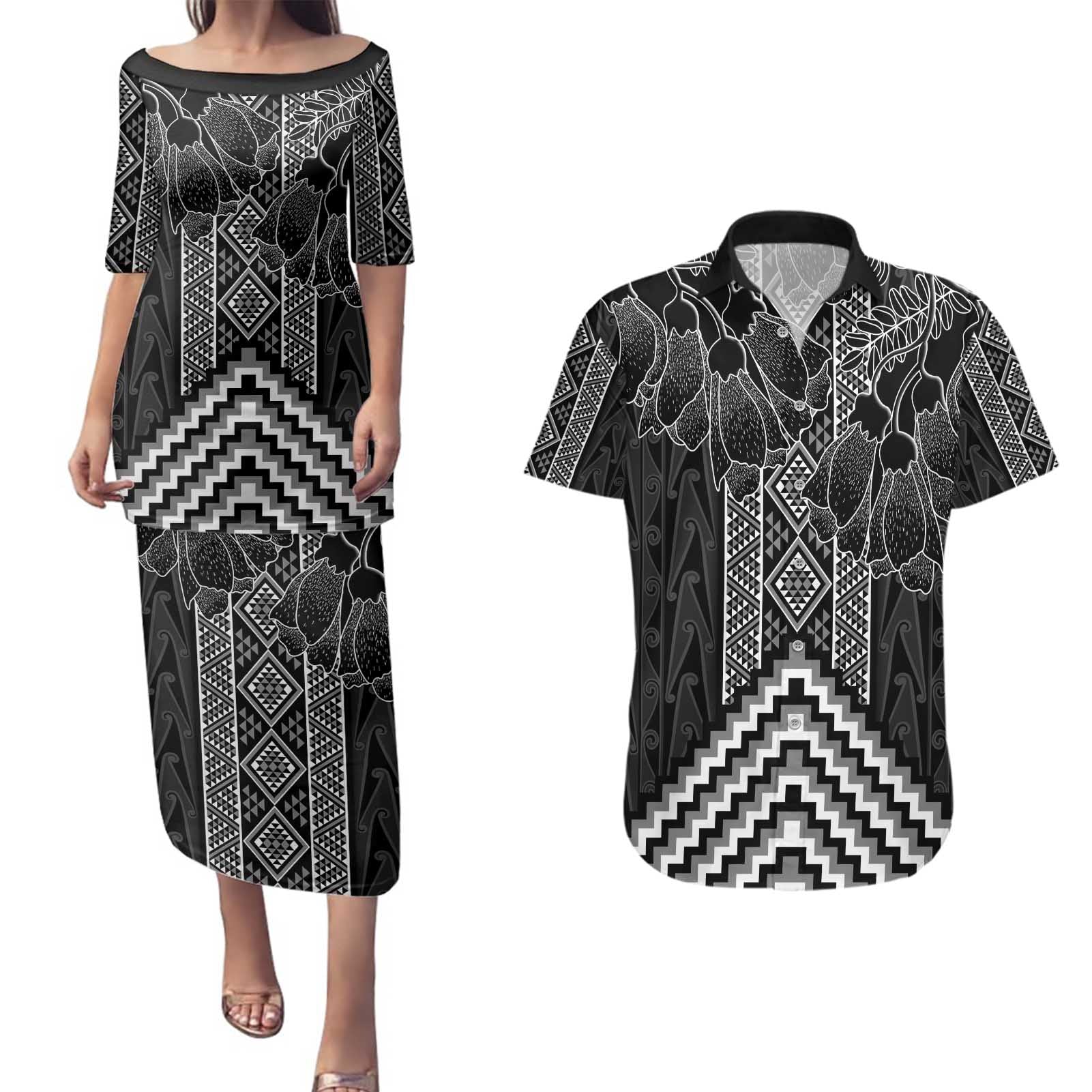 Aotearoa Taniko Pattern Couples Matching Puletasi and Hawaiian Shirt Poutama Mix Kowhai Flowers