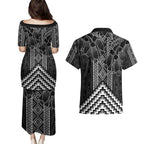 Aotearoa Taniko Pattern Couples Matching Puletasi and Hawaiian Shirt Poutama Mix Kowhai Flowers