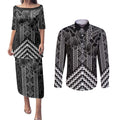 Aotearoa Taniko Pattern Couples Matching Puletasi and Long Sleeve Button Shirt Poutama Mix Kowhai Flowers