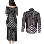 Aotearoa Taniko Pattern Couples Matching Puletasi and Long Sleeve Button Shirt Poutama Mix Kowhai Flowers