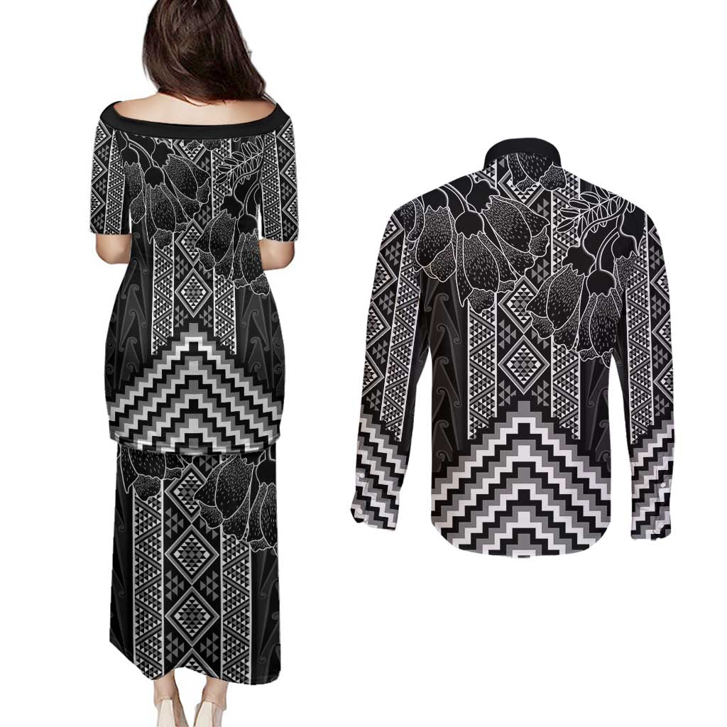 Aotearoa Taniko Pattern Couples Matching Puletasi and Long Sleeve Button Shirt Poutama Mix Kowhai Flowers