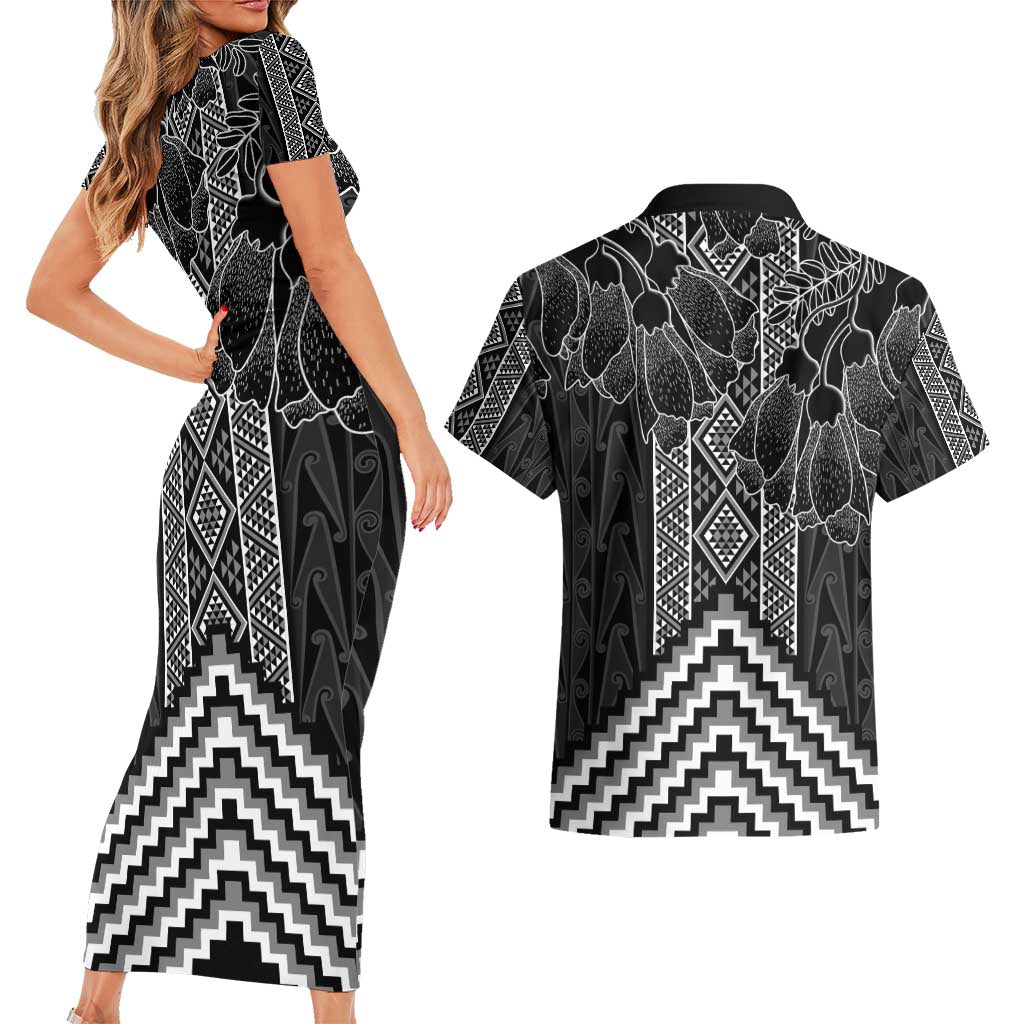 Aotearoa Taniko Pattern Couples Matching Short Sleeve Bodycon Dress and Hawaiian Shirt Poutama Mix Kowhai Flowers