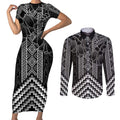 Aotearoa Taniko Pattern Couples Matching Short Sleeve Bodycon Dress and Long Sleeve Button Shirt Poutama Mix Kowhai Flowers