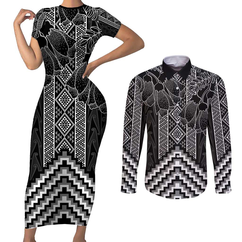 Aotearoa Taniko Pattern Couples Matching Short Sleeve Bodycon Dress and Long Sleeve Button Shirt Poutama Mix Kowhai Flowers