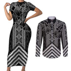 Aotearoa Taniko Pattern Couples Matching Short Sleeve Bodycon Dress and Long Sleeve Button Shirt Poutama Mix Kowhai Flowers