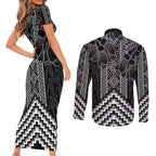 Aotearoa Taniko Pattern Couples Matching Short Sleeve Bodycon Dress and Long Sleeve Button Shirt Poutama Mix Kowhai Flowers