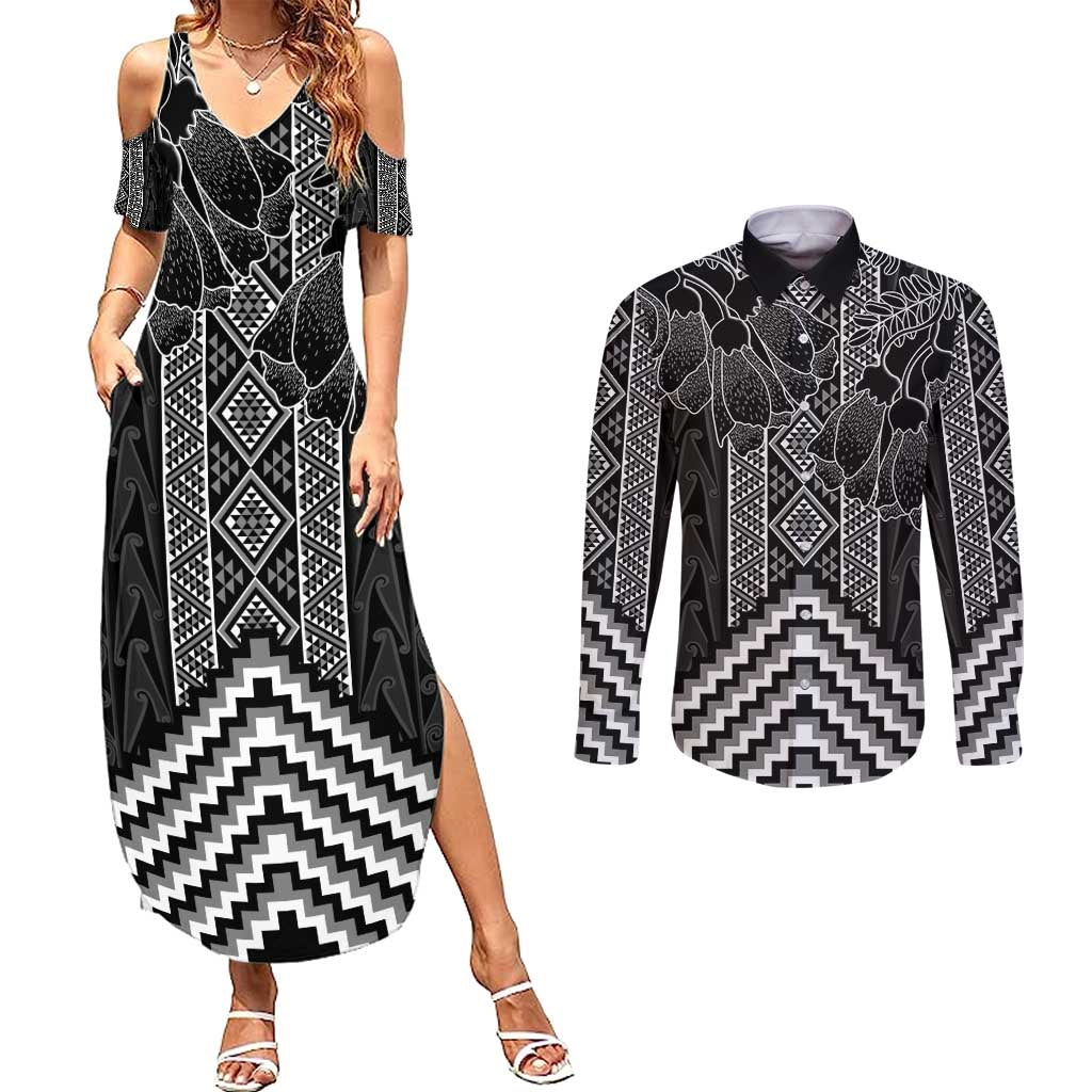Aotearoa Taniko Pattern Couples Matching Summer Maxi Dress and Long Sleeve Button Shirt Poutama Mix Kowhai Flowers