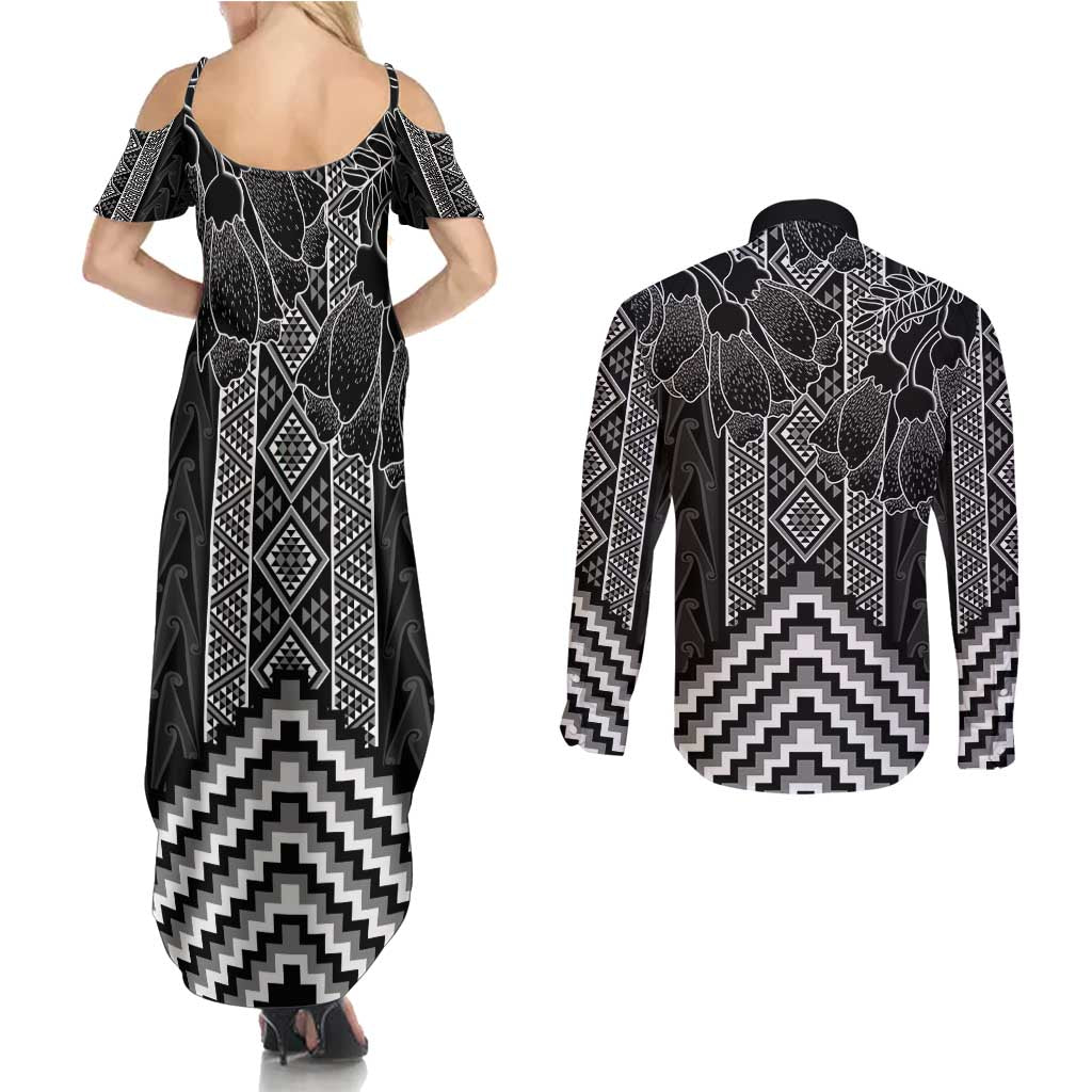 Aotearoa Taniko Pattern Couples Matching Summer Maxi Dress and Long Sleeve Button Shirt Poutama Mix Kowhai Flowers