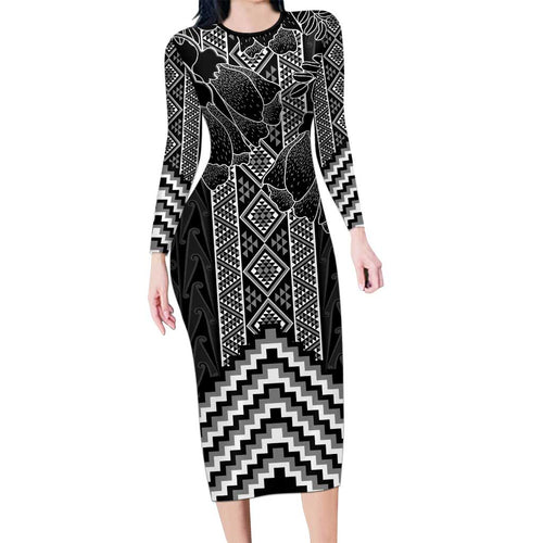 Aotearoa Taniko Pattern Family Matching Long Sleeve Bodycon Dress and Hawaiian Shirt Poutama Mix Kowhai Flowers