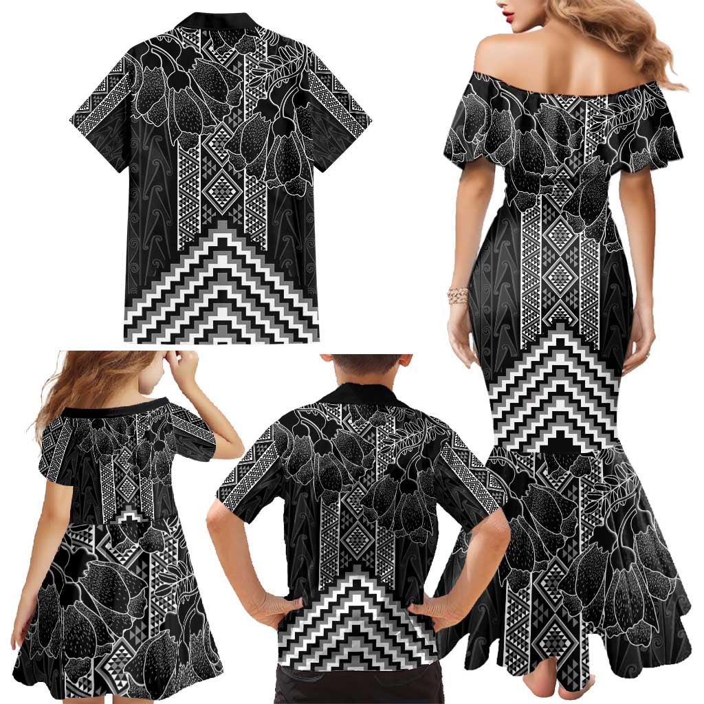 Aotearoa Taniko Pattern Family Matching Mermaid Dress and Hawaiian Shirt Poutama Mix Kowhai Flowers
