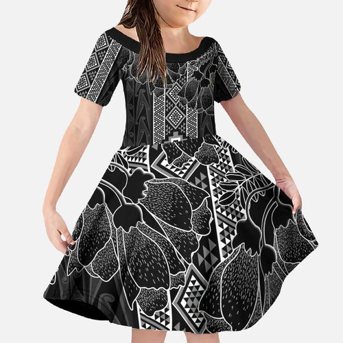 Aotearoa Taniko Pattern Family Matching Off The Shoulder Long Sleeve Dress and Hawaiian Shirt Poutama Mix Kowhai Flowers