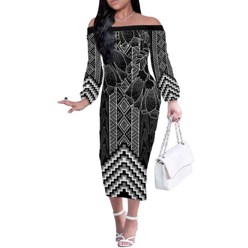 Aotearoa Taniko Pattern Family Matching Off The Shoulder Long Sleeve Dress and Hawaiian Shirt Poutama Mix Kowhai Flowers