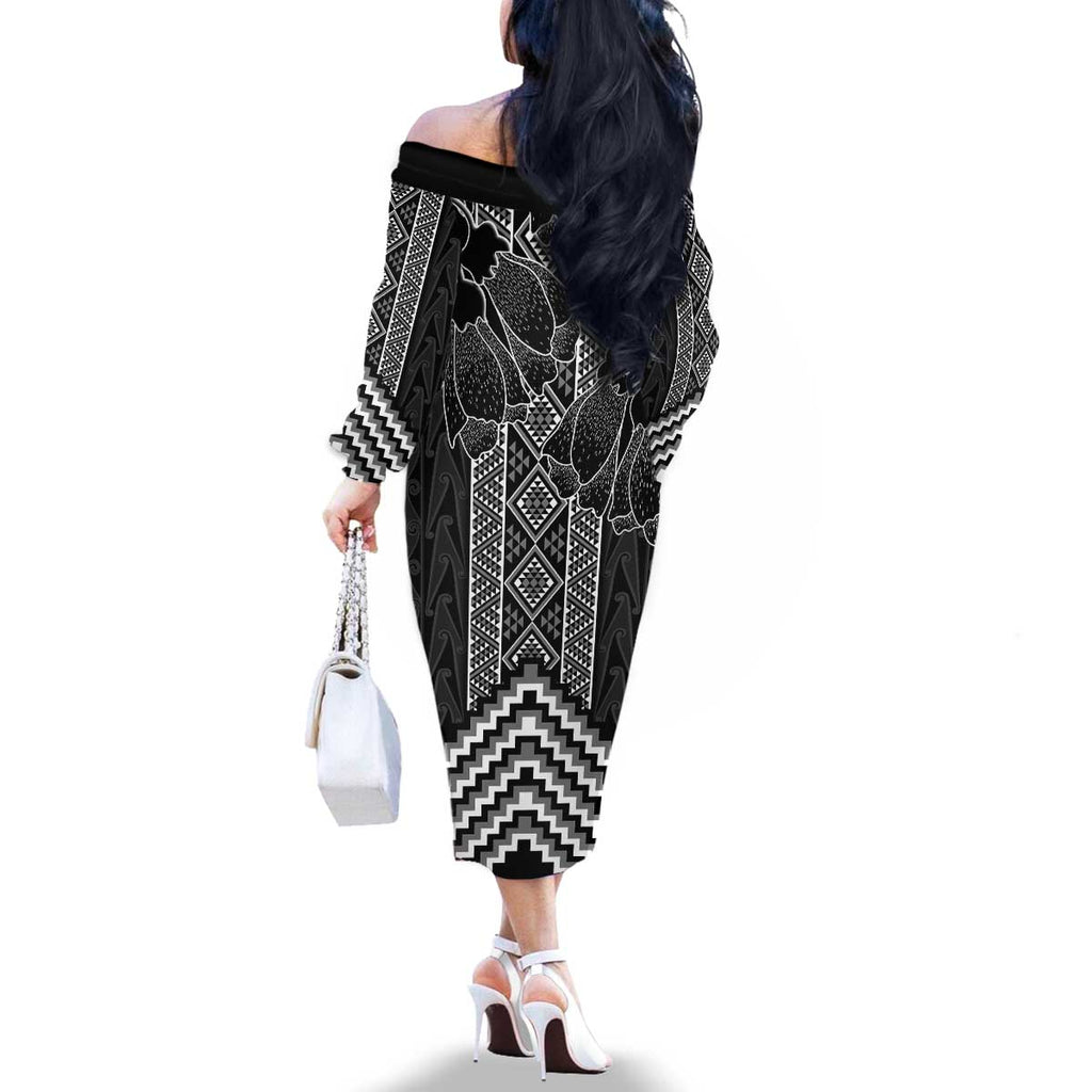 Aotearoa Taniko Pattern Family Matching Off The Shoulder Long Sleeve Dress and Hawaiian Shirt Poutama Mix Kowhai Flowers