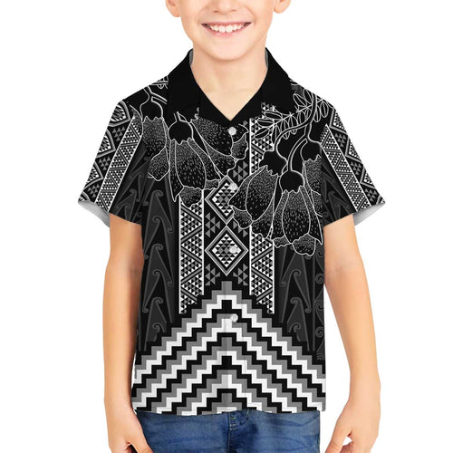 Aotearoa Taniko Pattern Family Matching Off The Shoulder Long Sleeve Dress and Hawaiian Shirt Poutama Mix Kowhai Flowers