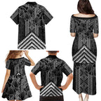 Aotearoa Taniko Pattern Family Matching Puletasi and Hawaiian Shirt Poutama Mix Kowhai Flowers