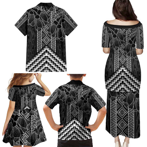 Aotearoa Taniko Pattern Family Matching Puletasi and Hawaiian Shirt Poutama Mix Kowhai Flowers