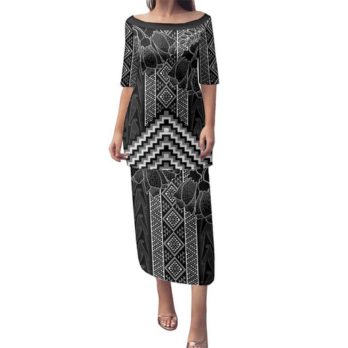 Aotearoa Taniko Pattern Family Matching Puletasi and Hawaiian Shirt Poutama Mix Kowhai Flowers