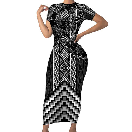 Aotearoa Taniko Pattern Family Matching Short Sleeve Bodycon Dress and Hawaiian Shirt Poutama Mix Kowhai Flowers