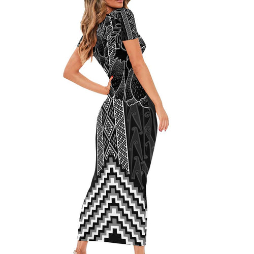 Aotearoa Taniko Pattern Family Matching Short Sleeve Bodycon Dress and Hawaiian Shirt Poutama Mix Kowhai Flowers