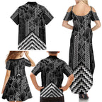 Aotearoa Taniko Pattern Family Matching Summer Maxi Dress and Hawaiian Shirt Poutama Mix Kowhai Flowers