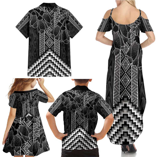 Aotearoa Taniko Pattern Family Matching Summer Maxi Dress and Hawaiian Shirt Poutama Mix Kowhai Flowers