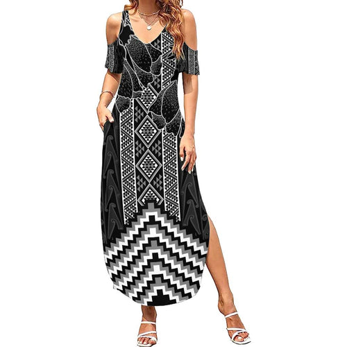 Aotearoa Taniko Pattern Family Matching Summer Maxi Dress and Hawaiian Shirt Poutama Mix Kowhai Flowers