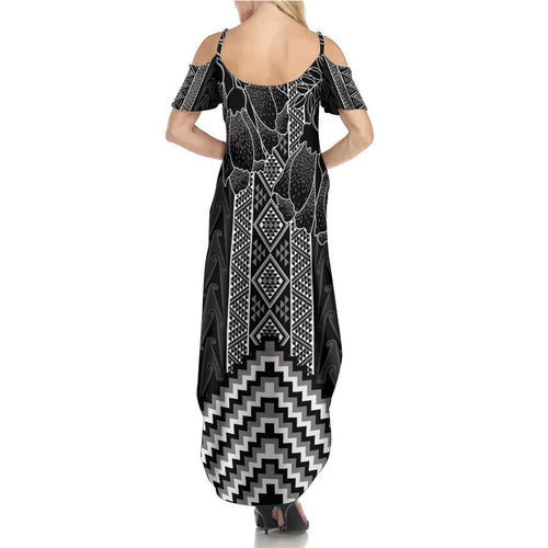 Aotearoa Taniko Pattern Family Matching Summer Maxi Dress and Hawaiian Shirt Poutama Mix Kowhai Flowers