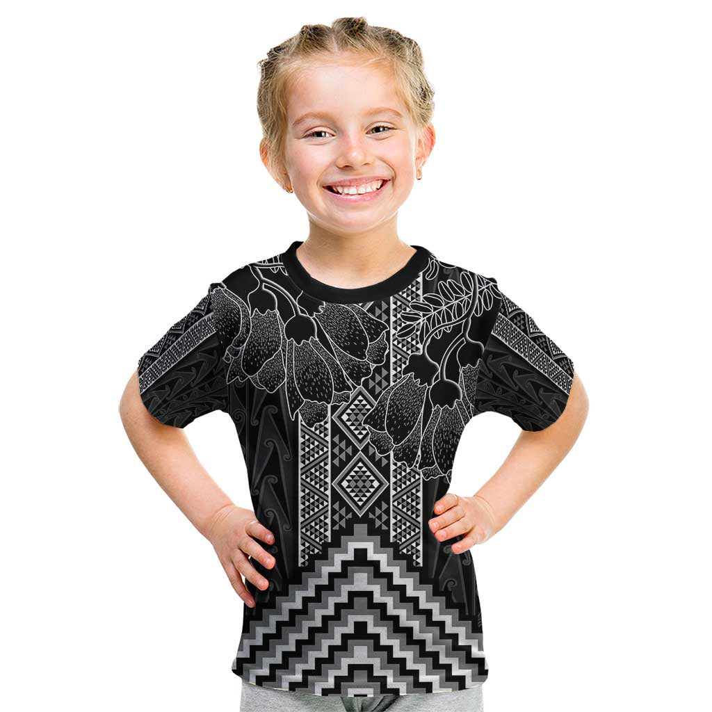 Aotearoa Taniko Pattern Kid T Shirt Poutama Mix Kowhai Flowers