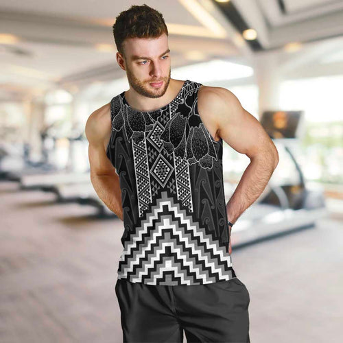 Aotearoa Taniko Pattern Men Tank Top Poutama Mix Kowhai Flowers