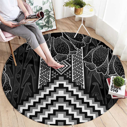 Aotearoa Taniko Pattern Round Carpet Poutama Mix Kowhai Flowers
