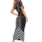 Aotearoa Taniko Pattern Short Sleeve Bodycon Dress Poutama Mix Kowhai Flowers