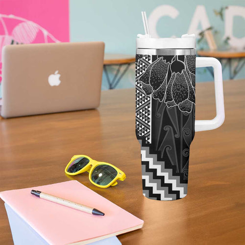 Aotearoa Taniko Pattern Tumbler With Handle Poutama Mix Kowhai Flowers