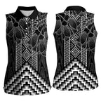 Aotearoa Taniko Pattern Women Sleeveless Polo Shirt Poutama Mix Kowhai Flowers