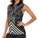 Aotearoa Taniko Pattern Women Sleeveless Polo Shirt Poutama Mix Kowhai Flowers