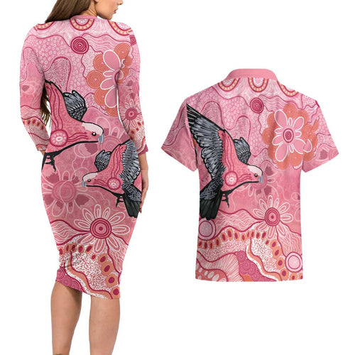NAIDOC Week Aussie Indigenous Couples Matching Long Sleeve Bodycon Dress and Hawaiian Shirt Aboriginal Galah Bird Contemporary Art