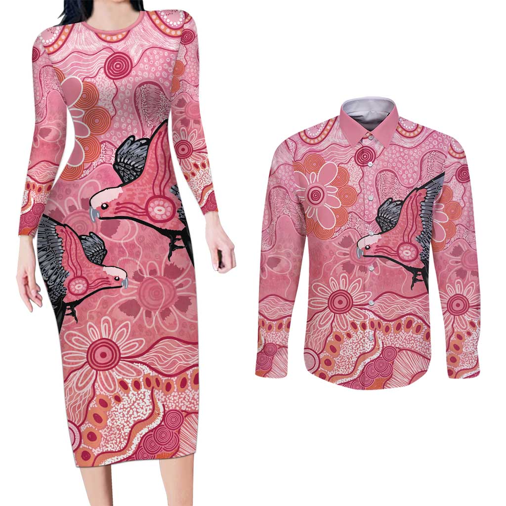 NAIDOC Week Aussie Indigenous Couples Matching Long Sleeve Bodycon Dress and Long Sleeve Button Shirt Aboriginal Galah Bird Contemporary Art