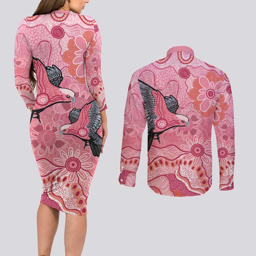NAIDOC Week Aussie Indigenous Couples Matching Long Sleeve Bodycon Dress and Long Sleeve Button Shirt Aboriginal Galah Bird Contemporary Art