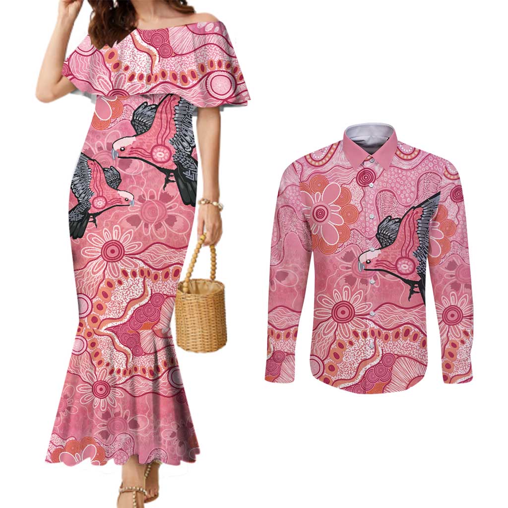 NAIDOC Week Aussie Indigenous Couples Matching Mermaid Dress and Long Sleeve Button Shirt Aboriginal Galah Bird Contemporary Art