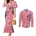NAIDOC Week Aussie Indigenous Couples Matching Mermaid Dress and Long Sleeve Button Shirt Aboriginal Galah Bird Contemporary Art
