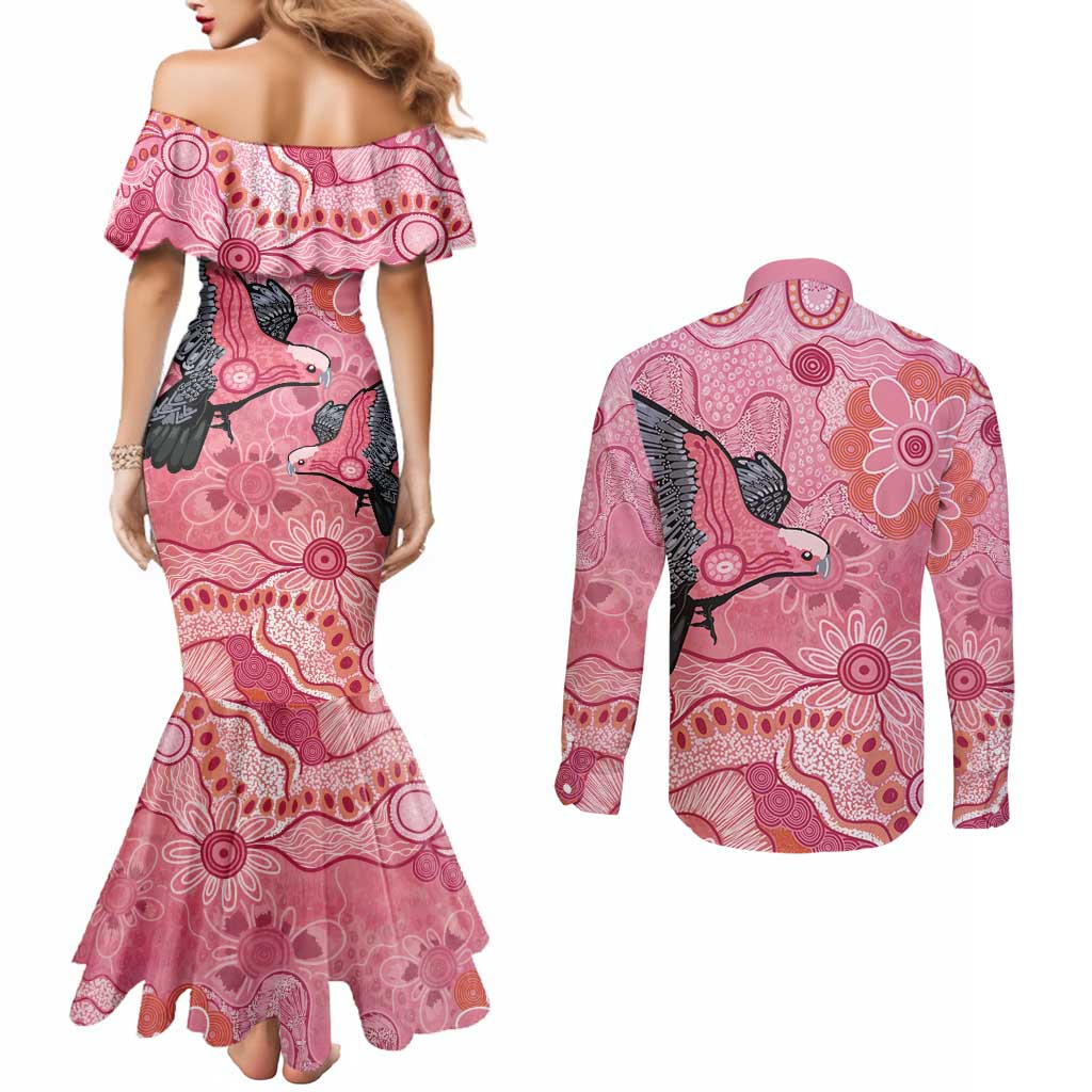NAIDOC Week Aussie Indigenous Couples Matching Mermaid Dress and Long Sleeve Button Shirt Aboriginal Galah Bird Contemporary Art