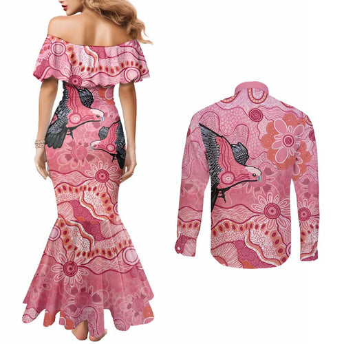 NAIDOC Week Aussie Indigenous Couples Matching Mermaid Dress and Long Sleeve Button Shirt Aboriginal Galah Bird Contemporary Art
