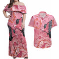NAIDOC Week Aussie Indigenous Couples Matching Off Shoulder Maxi Dress and Hawaiian Shirt Aboriginal Galah Bird Contemporary Art