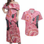 NAIDOC Week Aussie Indigenous Couples Matching Off Shoulder Maxi Dress and Hawaiian Shirt Aboriginal Galah Bird Contemporary Art