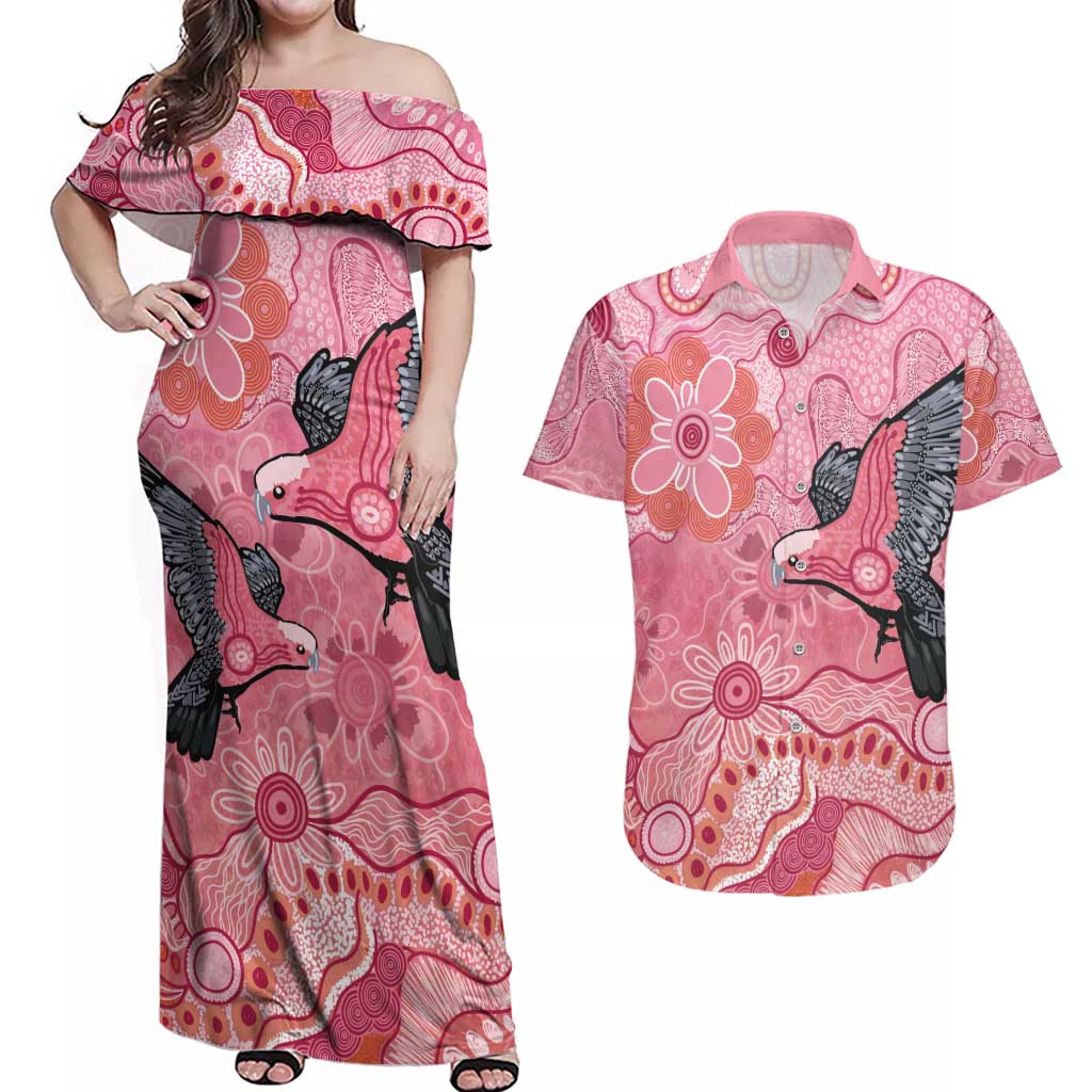 NAIDOC Week Aussie Indigenous Couples Matching Off Shoulder Maxi Dress and Hawaiian Shirt Aboriginal Galah Bird Contemporary Art