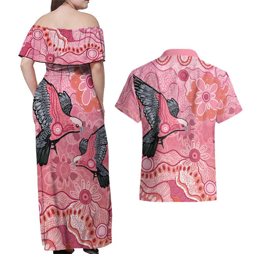 NAIDOC Week Aussie Indigenous Couples Matching Off Shoulder Maxi Dress and Hawaiian Shirt Aboriginal Galah Bird Contemporary Art